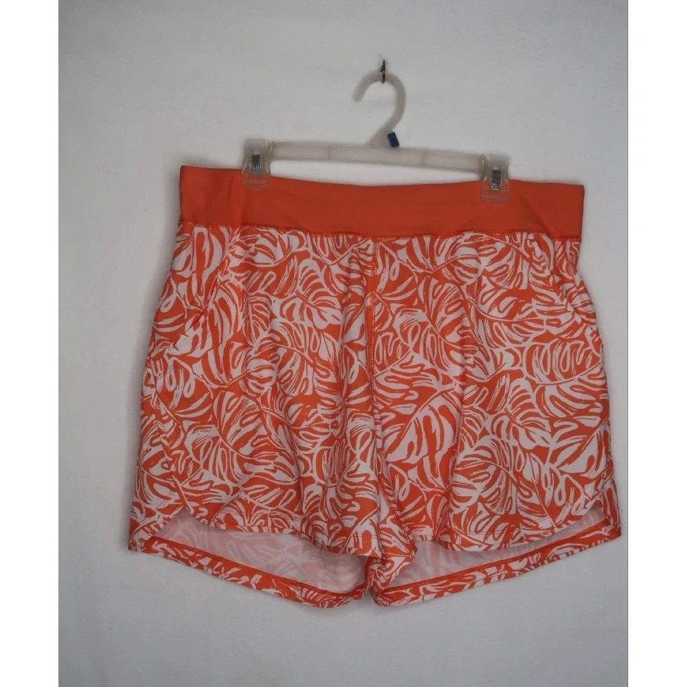 Lands' End Sun Shade UPF 50 Orange Mini Tropic Leaves Swim Board Shorts 18W NWOT